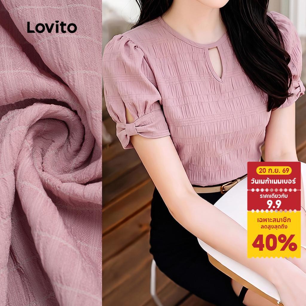 Lovito เสื้อเชิ้ตผู้หญิงสีชมพู สไตล์โบว์ตัดออกสําหรับฤดูร้อน BLK8P1D540