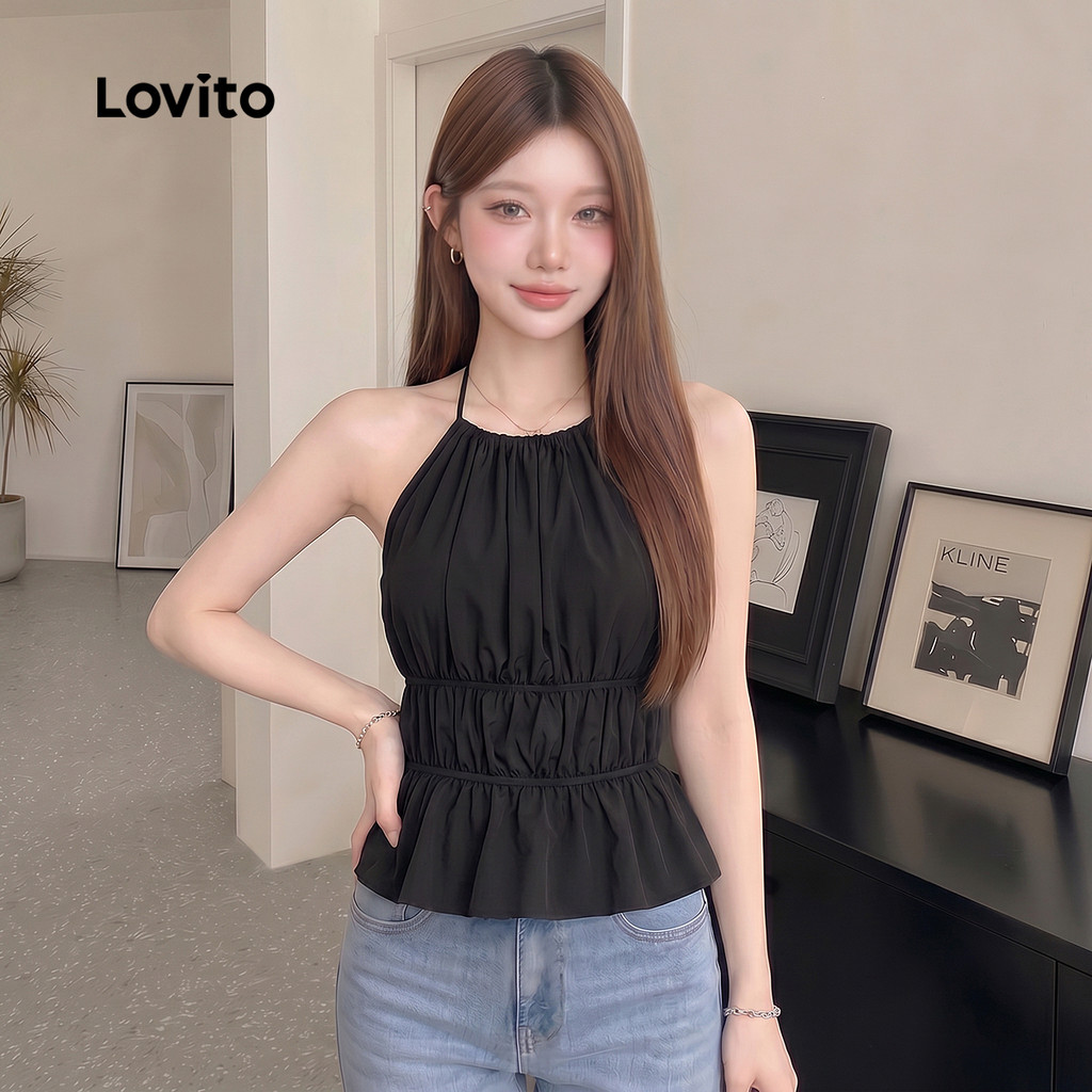 Lovito สง่างาม เสื้อกล้ามผู้หญิงผูกเชือกหรูหราสไตล์เรียบ เกาหลี อินเทรนด์ L106AD087
