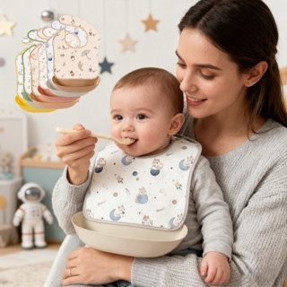 ผ้ากันเปื้อนเด็ก กันเปื้อนถาดซิลิโคลน กันน้ำสำหรับเด็กฝึกกิน…