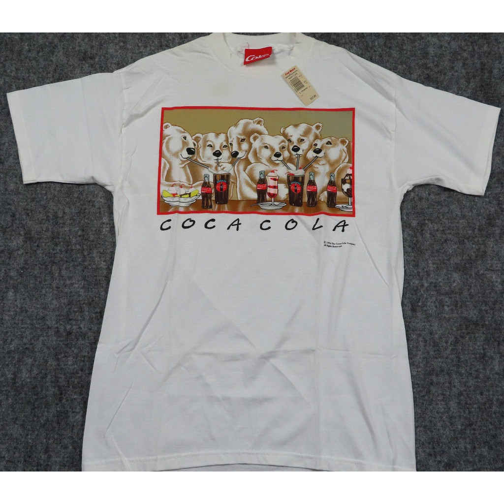เสื้อเชิ้ตผ้าฝ้ายแท้ สไตล์เรโทร Coca Cola พิมพ์ลายหมีขั้วโลกสีขาว