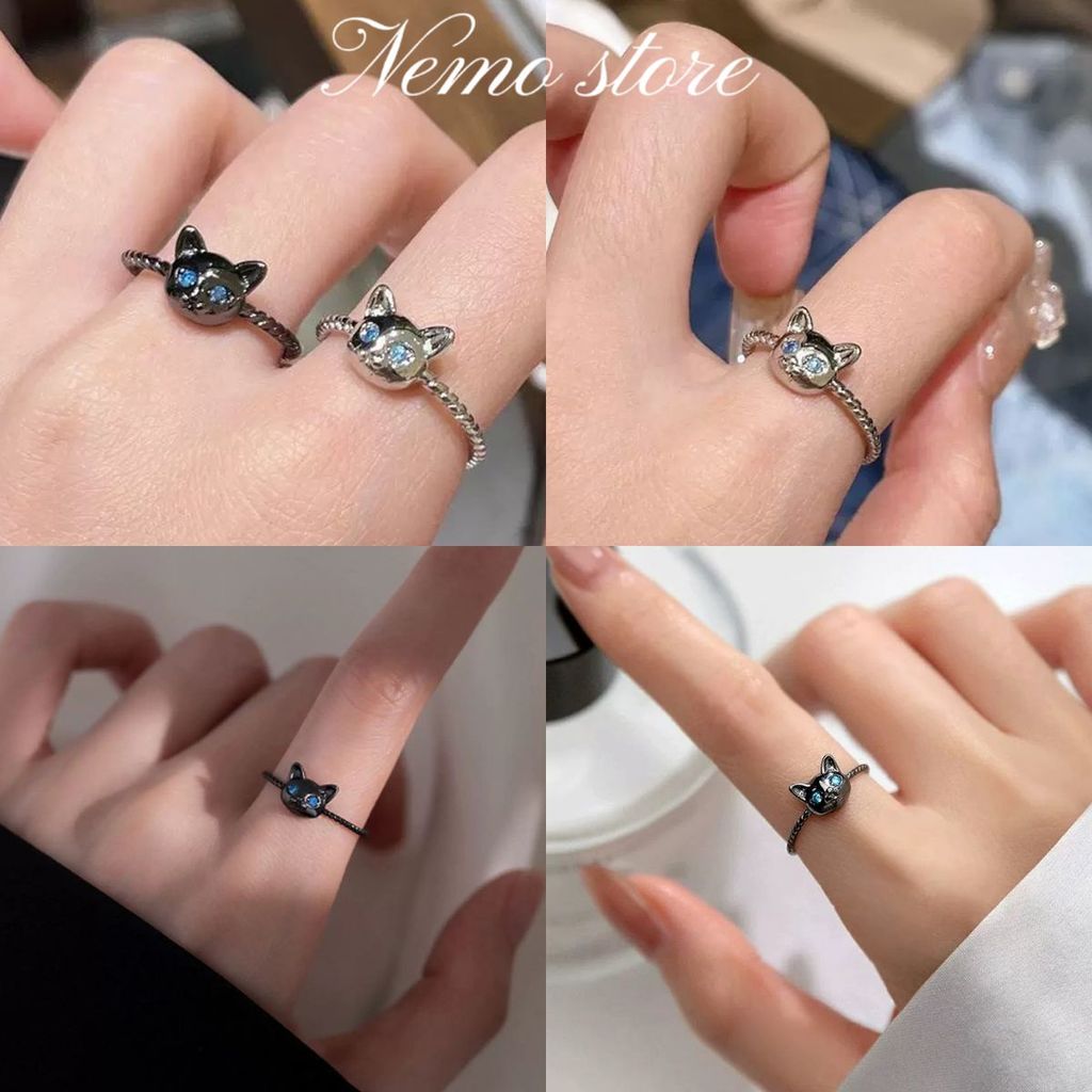 Nemo store🌸#BRL-16 แหวนแฟชั่น ลายน้องแมว สีเงินดำ น้ำหนักเบา ใส่แล้วเท่ไม่เหมือนใคร