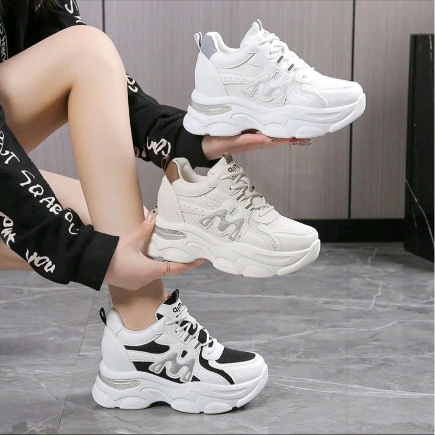 LadyShoesvn รองเท้าผ้าใบผู้หญิงกีฬารองเท้า M-รูปความสูงที่เพิ่มขึ้น Wedge Sole 6 ซม.Super Light หนัง