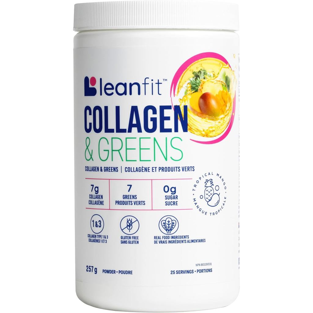 LEANFIT COLLAGEN & GREENS, Tropical Mango - 7g Grass-Fed Bovine Collagen (Type I, III) + สาหร่าย 2 ช