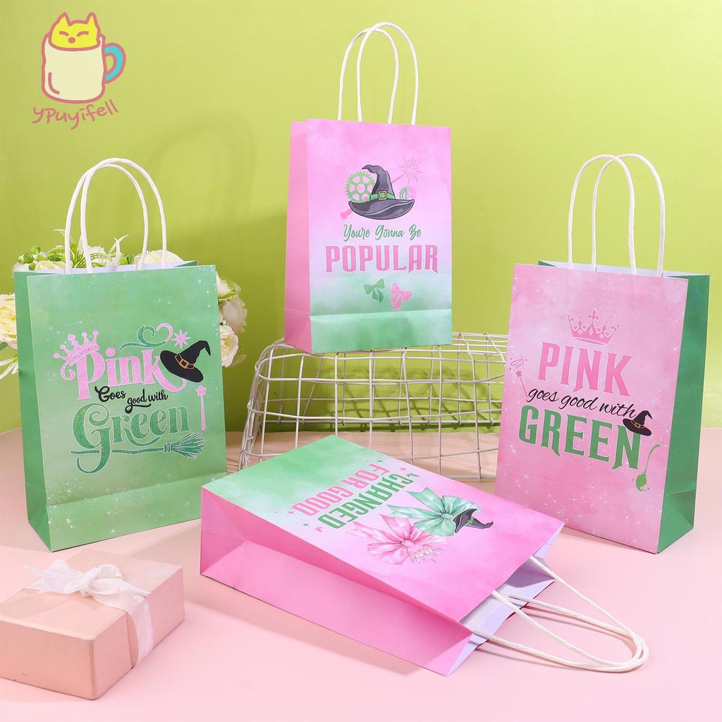 [YPU] Ioff Ford Ford Ford 32 ชิ้นสีชมพูและสีเขียว Witch Theme Goodie กระเป๋า Double Side Paper Treat