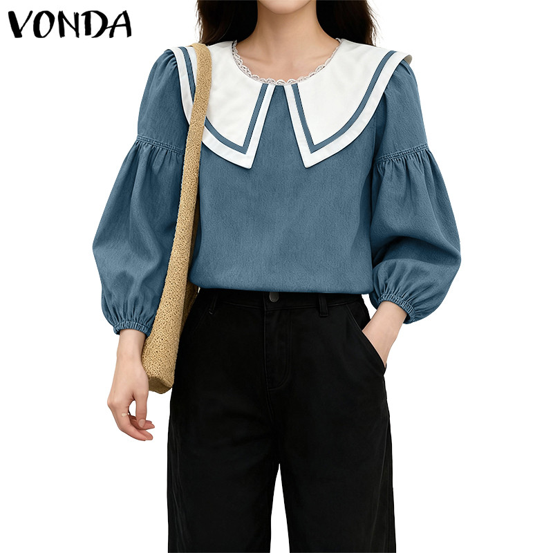 VONDA เสื้อผ้าเกาหลี Retro Academy ดีไซน์แขนกว้าง ตัดกันสองสี สำหรับผู้หญิง Presale