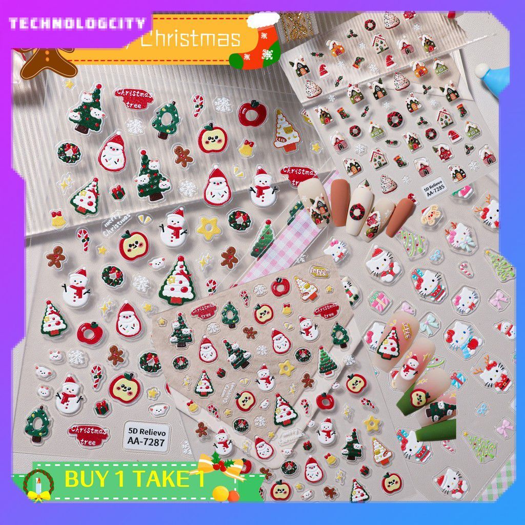 ซื้อ 1 TAKE 1Original Christmas Element Nail Art สติกเกอร์ 5D บรรเทาสติกเกอร์ตกแต่งเล็บ 5D Santa Cla