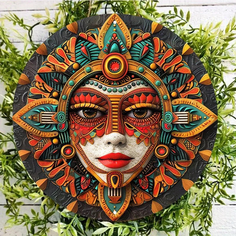 ชุดศิลปะป้ายโลหะอลูมิเนียม,ตกแต่งผนังทรงกลมพร้อมการออกแบบ Aztec Sun God,กันน้ําและสภาพอากาศ,ประตูกลา