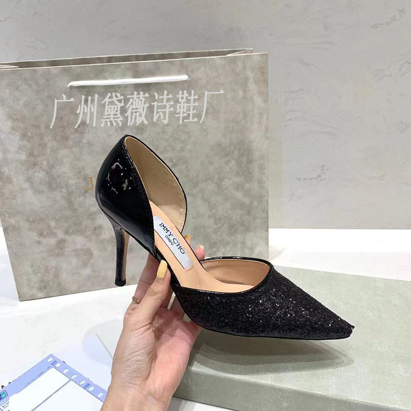 Jimmy CHOO Sequined Hollow Casual Pointed Toe รองเท้าผู้หญิง Stiletto รองเท้าส้นสูง 7 ซม.