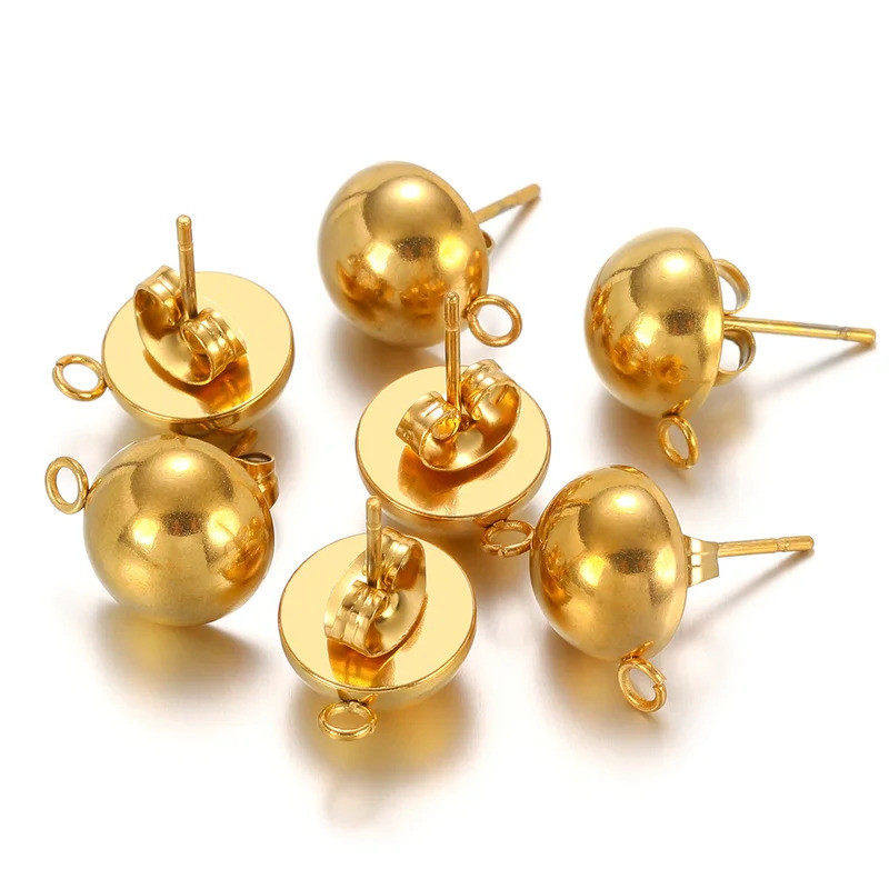10pcs Stainless Steel Stud Earrings Base Solid Half Ball Ear Post with Open Ring For Earring Making 