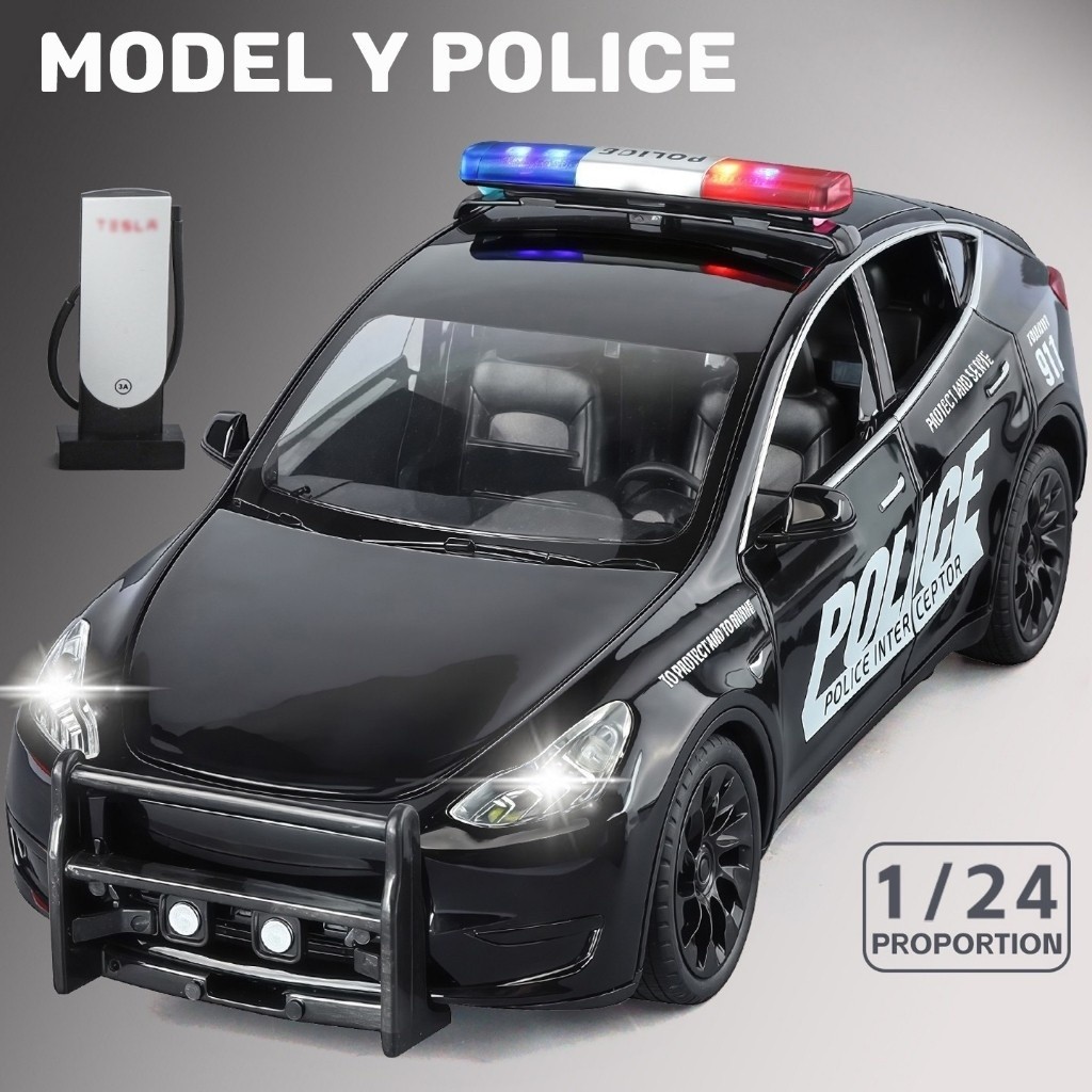 1:24 Scale Tesla Model Y Police Alloy Car Model Diecast Car Sound Light Car Lovers Collection Kids B
