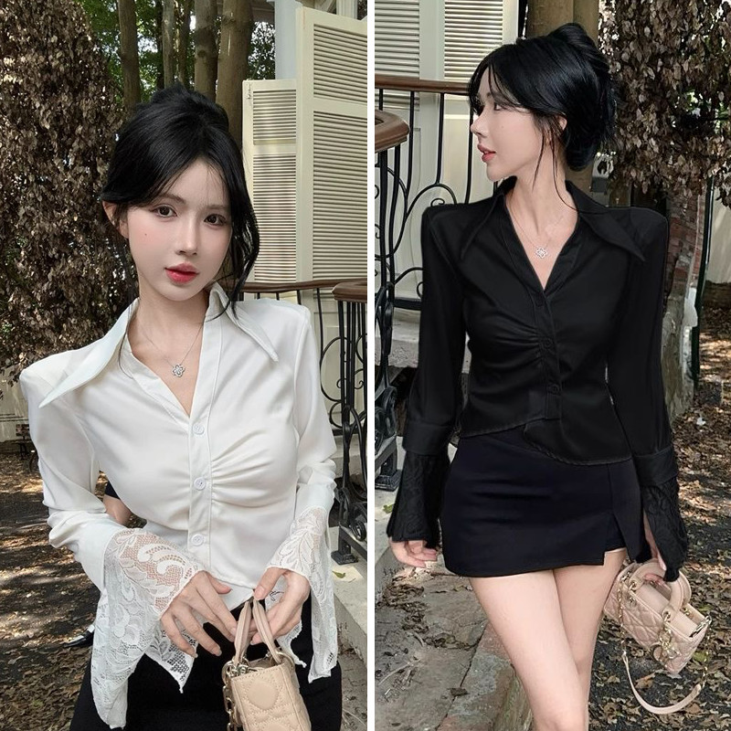 Dahong เสื้อเชิ้ตแขนยาว สีขาว สไตล์เกาหลี สำหรับผู้หญิง คอวี แซมลูกไม้ สไตล์ใหม่ สําหรับผู้หญิง W551