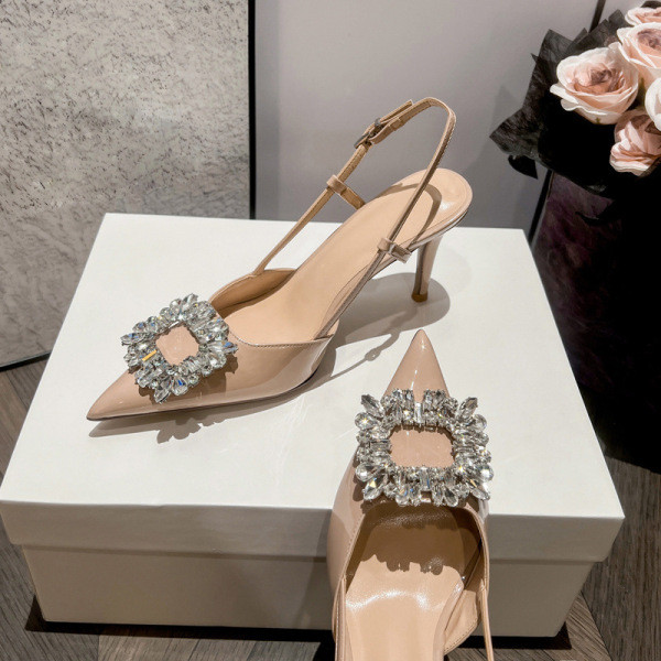 kyda รองเท้า รองเท้า poise เกาหลี ส้นสูง รองเท้าแตะส้นสูงหัวเข็มขัดสี่เหลี่ยมสีนู้ดหัวแหลม