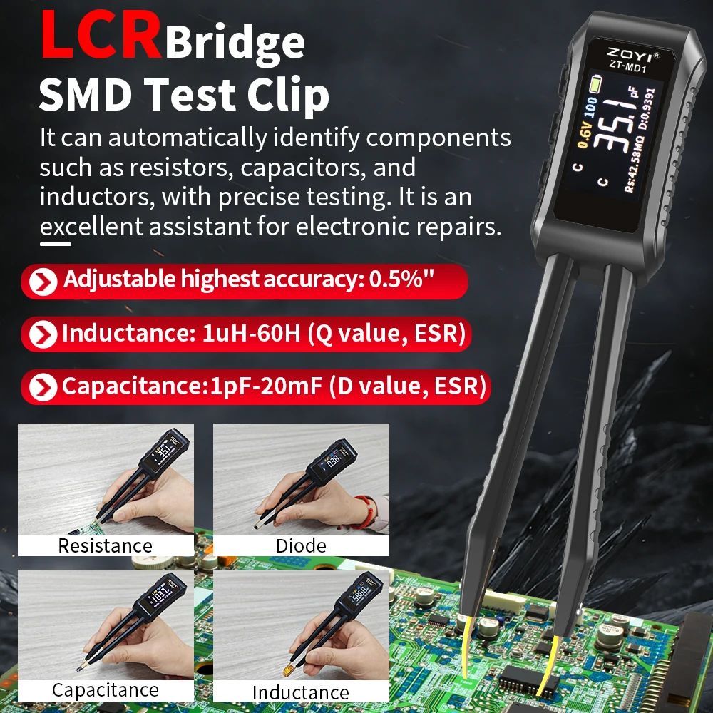 ZOYI ZT-MD1 ดิจิตอลสมาร์ท Tweezer LCR SMD ESR เครื่องทดสอบความต้านทานความจุเหนี่ยวนําไดโอดทดสอบเครื่