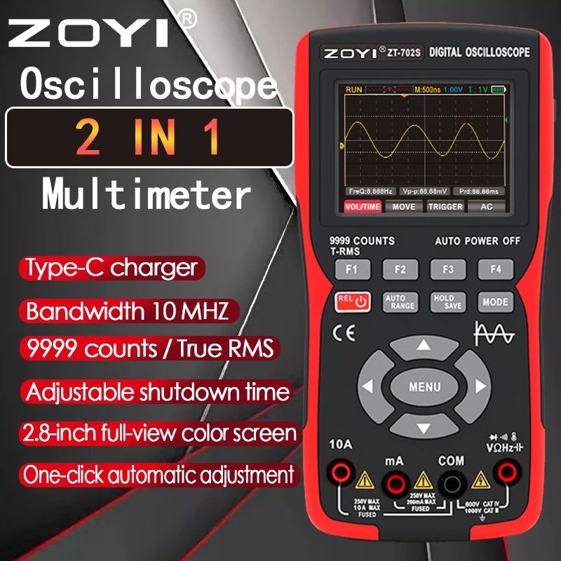 ZT 702s 2in1 มัลติมิเตอร์แบบดิจิตอล Oscilloscope 9999 นับ Multimetro Meter 48M/S Waveform Data Stora