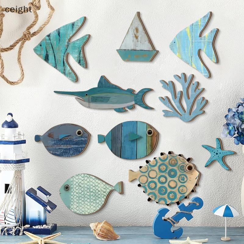 [ceight] 10 ชิ้นปลาไม้ตกแต่งผนังแขวนชายหาด Nautical Ocean Coastal ห้องน้ําศิลปะชุด TH