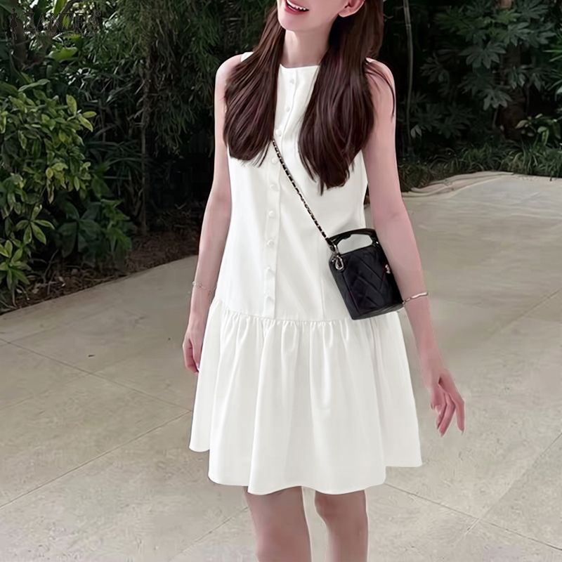 ZANZEA ใส่ ซานเซีย ผู้หญิงเกาหลีสบายๆเย็บปะติดปะต่อกันปุ่มแข็งจีบ โอ-คอแขนกุดชุดหลวม — صورة 4