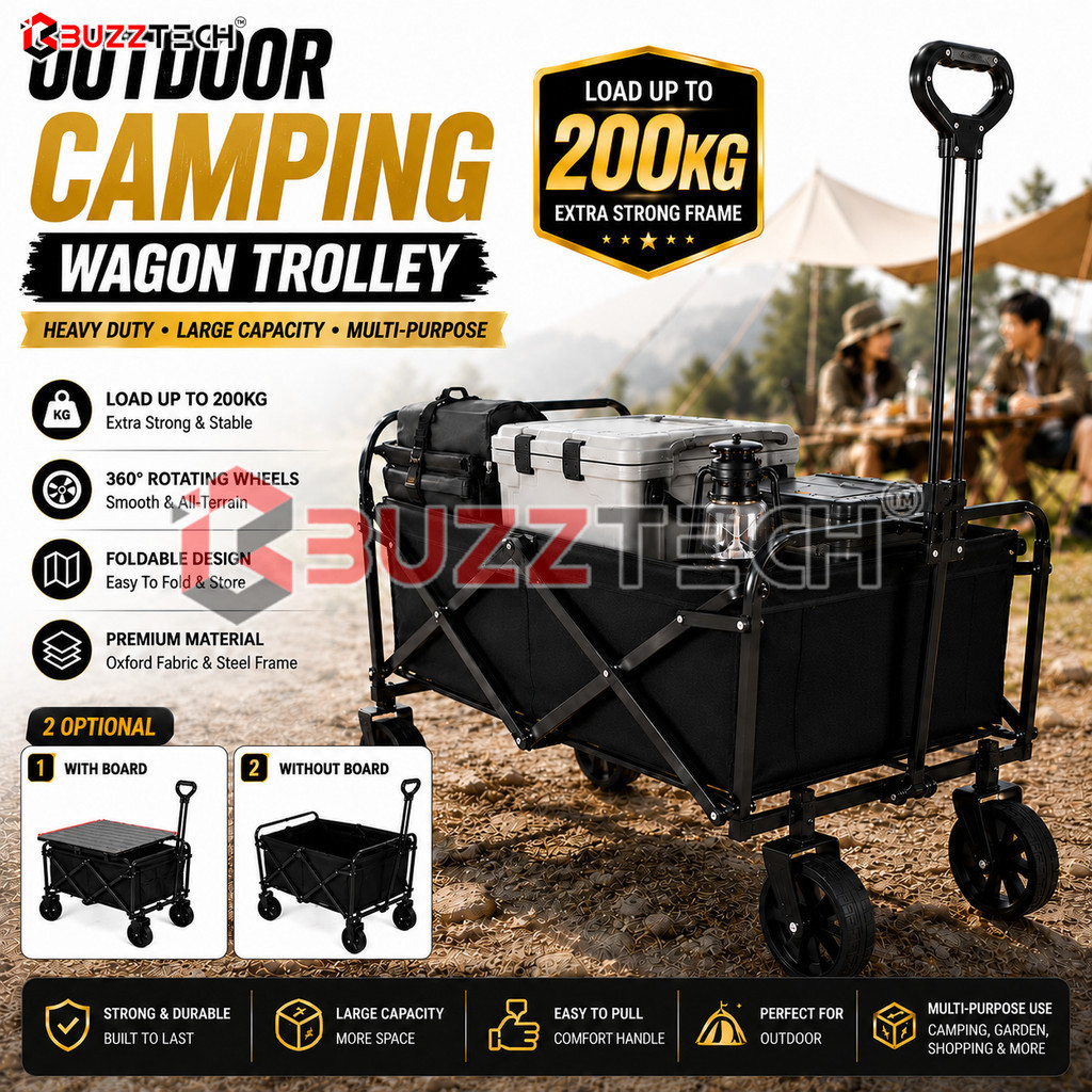 BuzzTech Camping Trolley Wagon รถเข็นพับได้ Camping Wagon ชุดโต๊ะรถเข็นกลางแจ้งพับ