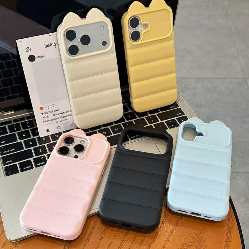 Macaron สีทึบน่ารัก 3D หูแมว Niche เคสโทรศัพท์สําหรับ iPhone 12 Pro Max 17 16 15 14 13 11 14 15 Plus น่ารักแมว Paw รูปแบบ Drop-Proof นุ่มฝาครอบป้องกัน