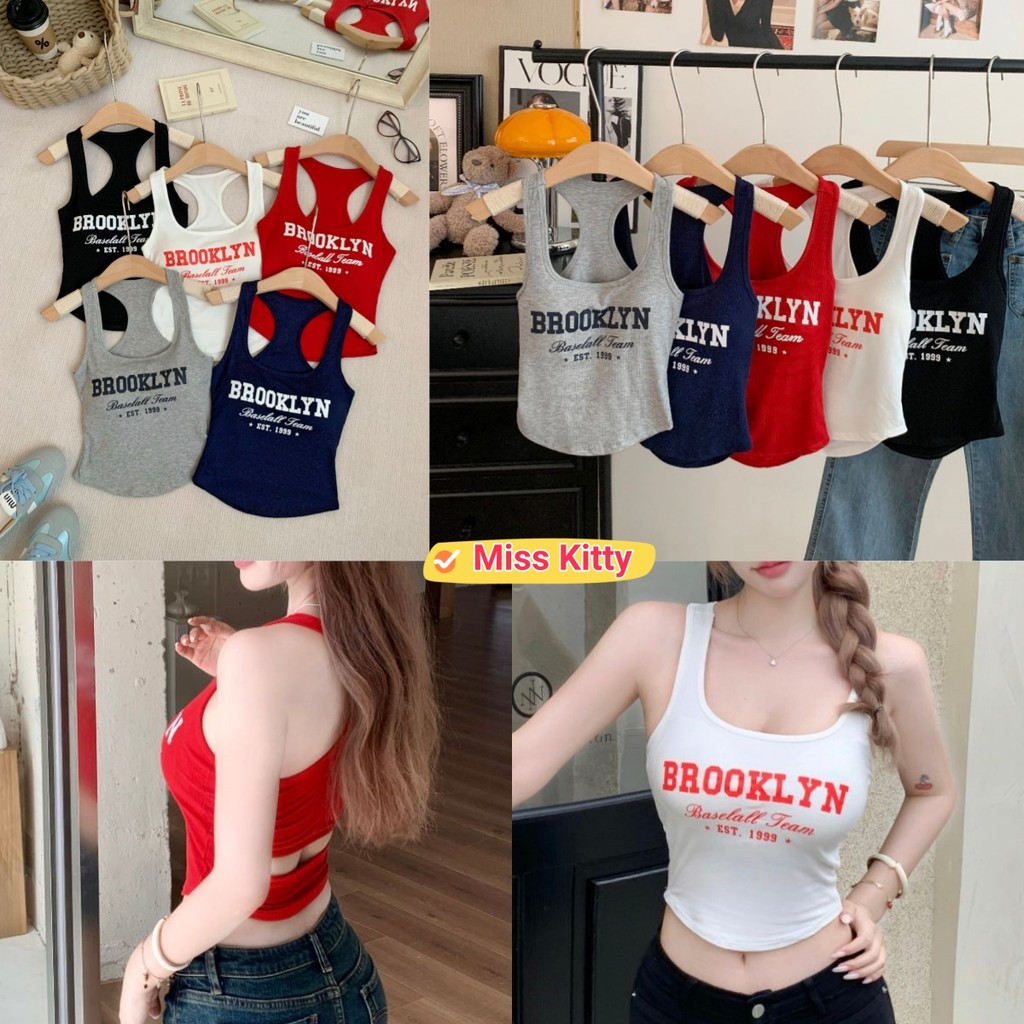 Miss Kitty พร้อมส่ง สินค้าขายดี เสื้อกล้ามสายกว้างอกลึก ผ้านุ่มยืด ลายพิมพ์อังกฤษ ใส่ประจำวันออกกำลังกาย-FY150