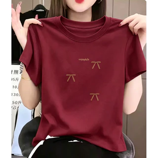 COD เสื้อยืดครอปสั้น ผู้หญิง ลายคำ enjoykife โบว์ เนื้อผ้าบางระบายอากาศ เหมาะหน้าร้อน ทรงสวยใส่กับกางเกง/กระโปรง
