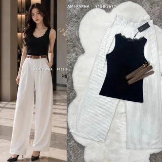 พร้อมส่ง S-XL⚡️RM 9158 ชุดเซ็ตผู้หญิง เสื้อยืดสีดำแต่งลูกไม้+กางเกงขายาวสีขาวลายริ้ว #สไตล์สาวเวียด2026