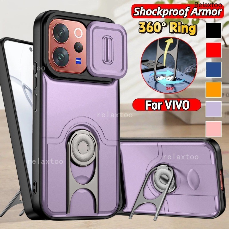 สําหรับ VIVO V70 V60 V50 V40 VIVOV70 FE Elite Lite Pro V70FE VIVOV60 5G กันกระแทกเคสโทรศัพท์ 360° หมุนโลหะเกราะแหวนวงเล็บกลับดันเลนส์ความเป็นส่วนตัวปกป้องผู้ถือปกหลัง