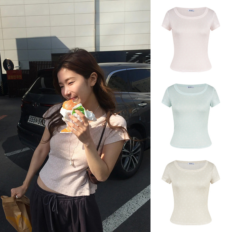 <Moses Queen> เสื้อยืดแขนสั้นคอกลมทรงสลิมสไตล์เกาหลีไหล่ด้านหน้าสีทึบด้านบนอเนกประสงค์