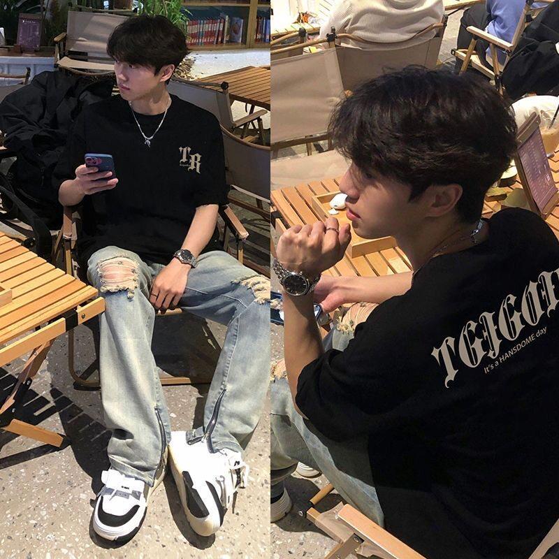 เสื้อยืดแขนสั้นสีดําผู้ชายฤดูร้อนสไตล์ใหม่ทุกการแข่งขันผ้าฝ้ายหลวมอเมริกัน High Street Street Street