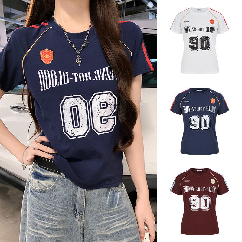 <Moss Queen> เสื้อยืดเสื้อกีฬาพิมพ์ลายทางย้อนยุคฤดูร้อนสไตล์อเมริกันด้านบน