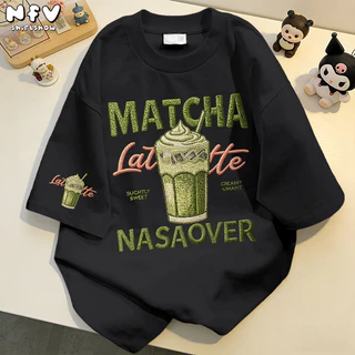 【จัดส่งตลอด 24 ชั่วโมง】NFV เสื้อยืด สไตล์คาเฟ่🍵Oversized ลายแก้วนมชาเขียว สะดวกสบาย ระบายอากาศ YG6229