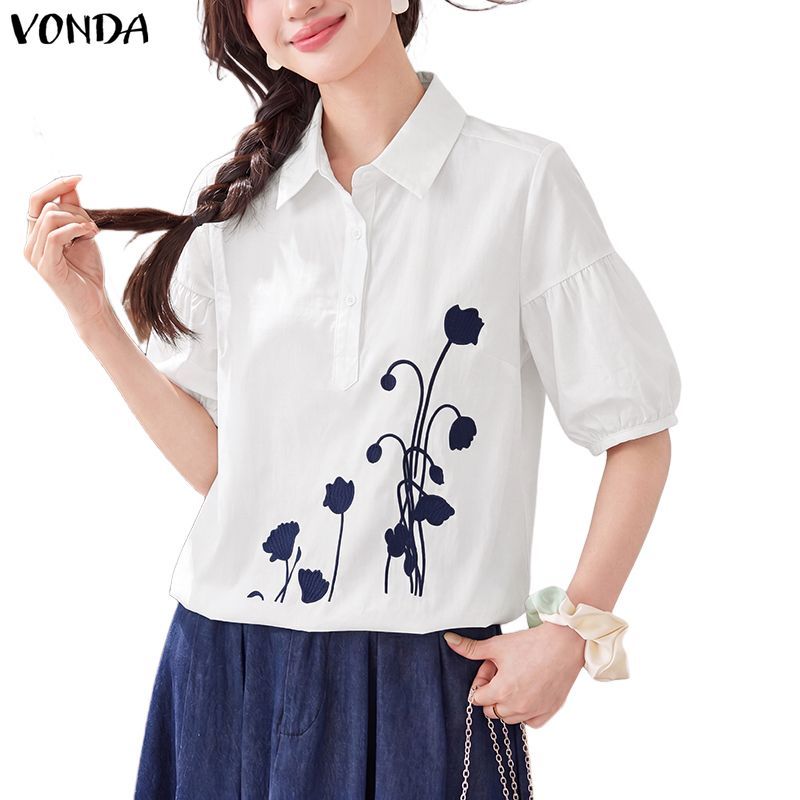 VONDA ผู้หญิงเกาหลีวินเทจลําลองปกกลางแขนครึ่งกระดุมพิมพ์ลายดอกไม้เสื้อทรงหลวม