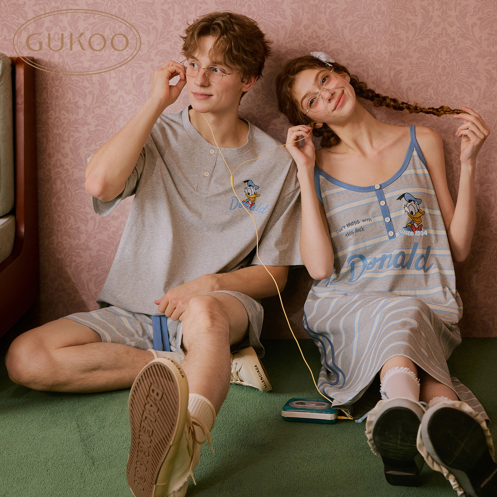 Gukoo/ชุดนอนเปลือกหอยคู่ฤดูร้อนสไตล์ใหม่ Disney Co-Branded Pure Cotton Loungewear ชุดนอนสามารถสวมใส่