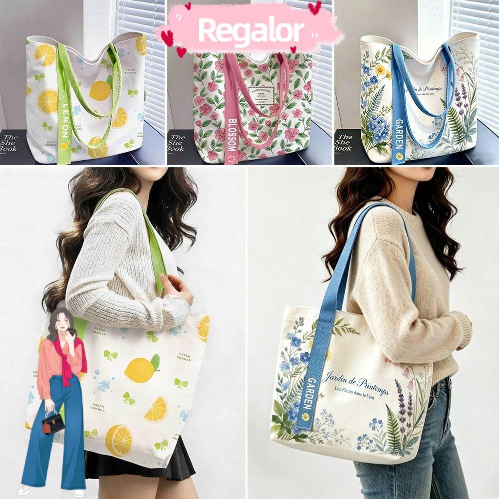 กระเป๋าโท้ต REGALOR, Floral & Lemon Print Open Top Single Shoulder Bag, Durable Large Capacity Canvas Shopping Shoulder Bag Gift