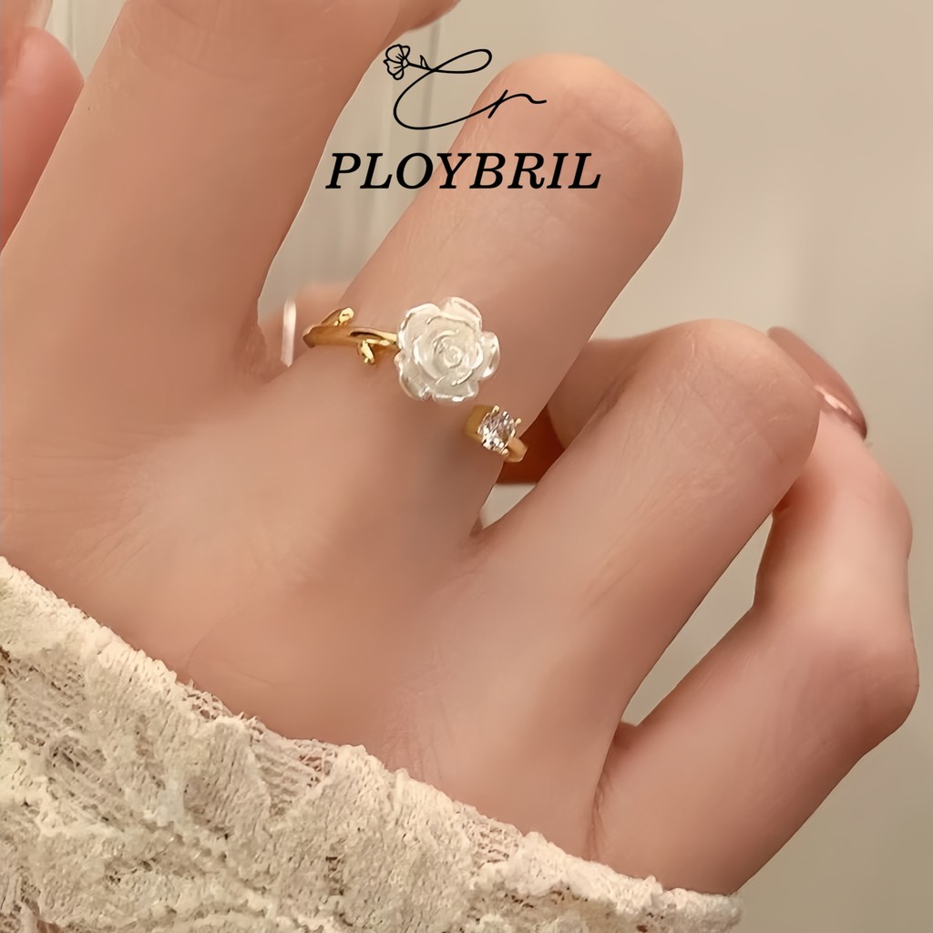 PLOYBRIL แหวนดอกคามีเลีย สไตล์เกาหลีน่ารัก! แหวนเปิดปรับขนาด + เพชร CZ | ของขวัญเพื่อนซี้ ใส่คู่กันสวย J044