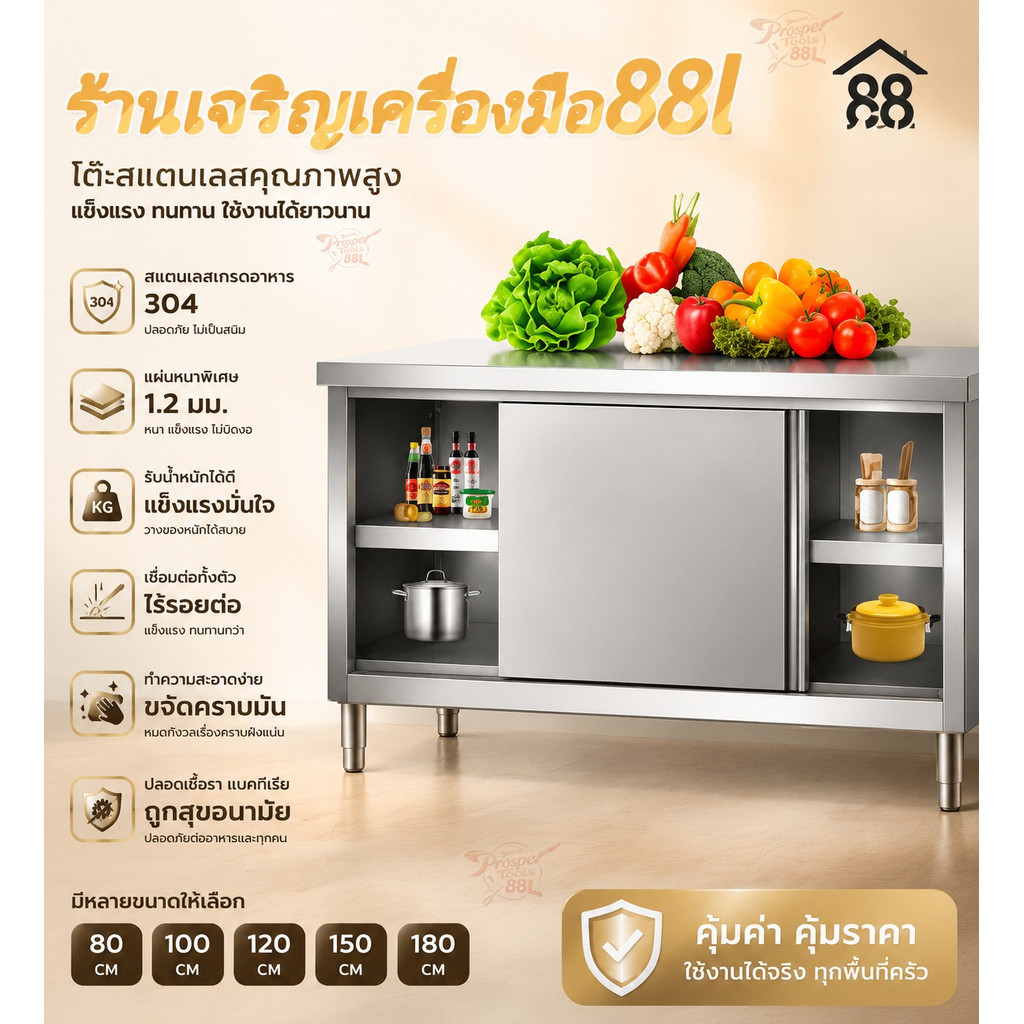 【สินค้าราคาพิเศษ】โต๊ะทำงานสแตนเลสอุตสาหกรรม พร้อมลิ้นชักและประตูบานเลื่อนด้านเดียว โต๊ะเตรียมและหั่นวัตถุดิบในครัว