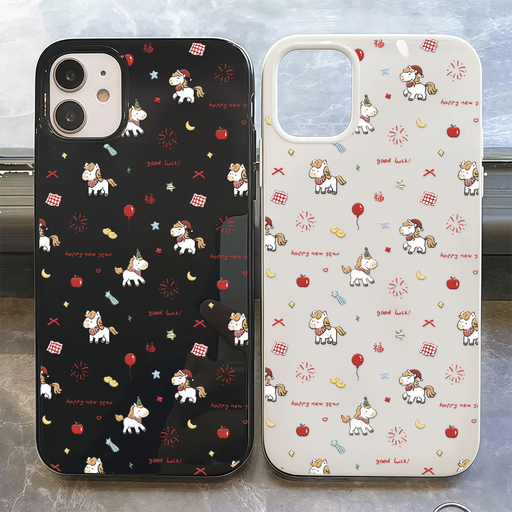 เคสไอโฟน เจลลี่ TPU สำหรับ iPhone 17 16 15 14 13 12 11 Pro Max ลายม้าเล็กปีใหม่ เต็มหลัง ดอกไม้ไฟลูกโป่งแอปเปิล