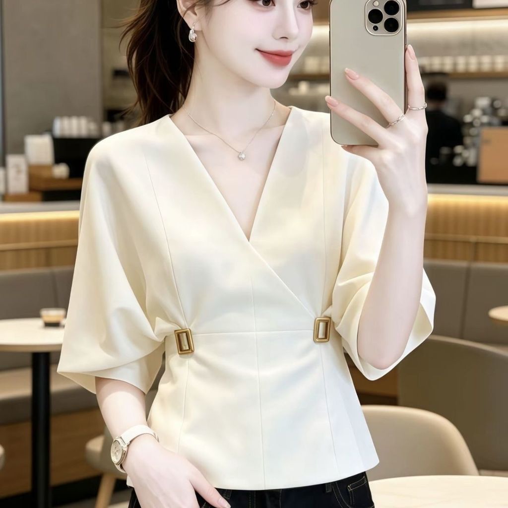 เสื้อเชิ้ตแขนสั้นอเนกประสงค์อเนกประสงค์แฟชั่นเสื้อเชิ้ตแขนสั้นคอวีสําหรับ Summeruidue557.my ขนาดเล็ก20260718