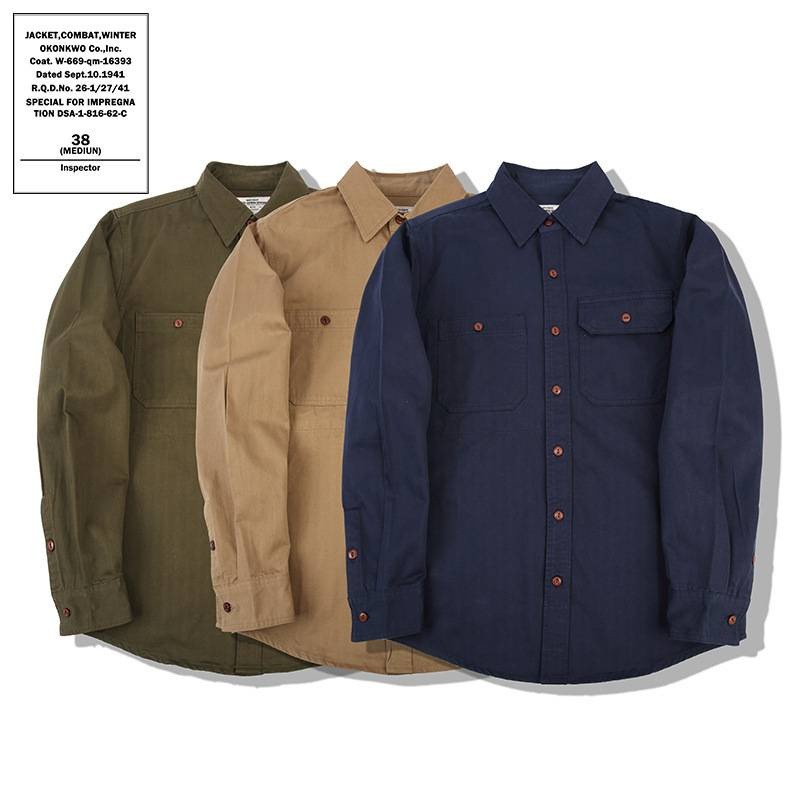 OKONKWO -1New Solid Herringbone Shirt, Men Japanese Workwear Engineer Long Sleeve Blouse