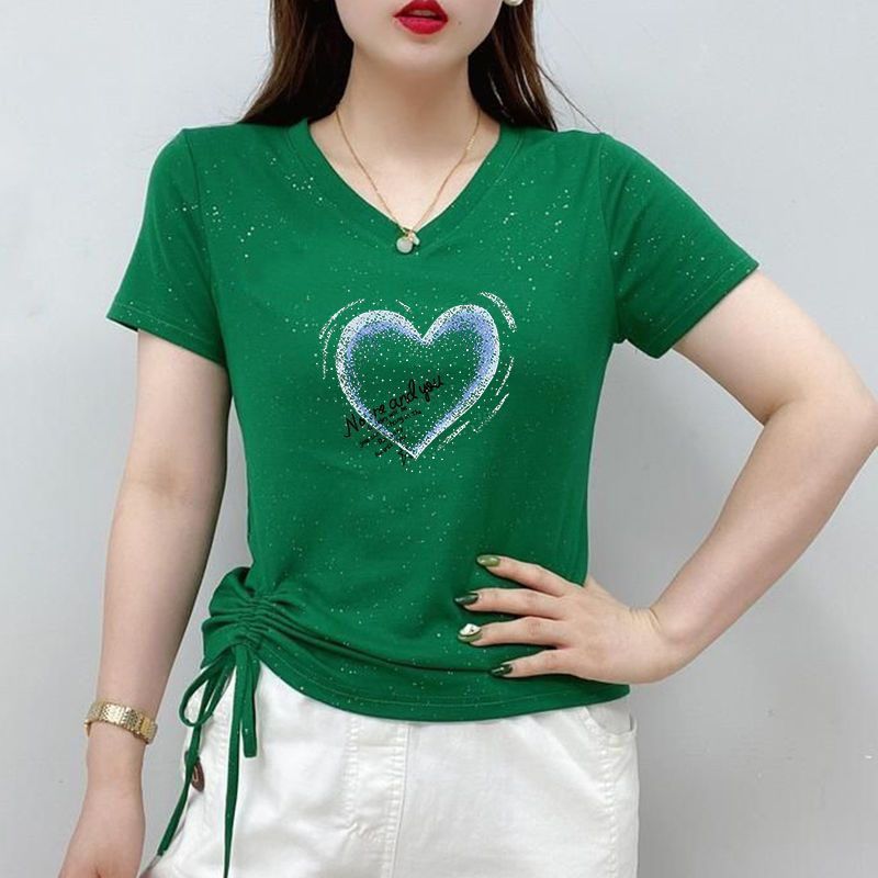Love Heart พิมพ์ฤดูร้อน v คอแขนสั้นเสื้อยืดสุภาพสตรีแฟชั่นรักพิมพ์ Slim-fit Slimmer ดู Top Body AWE