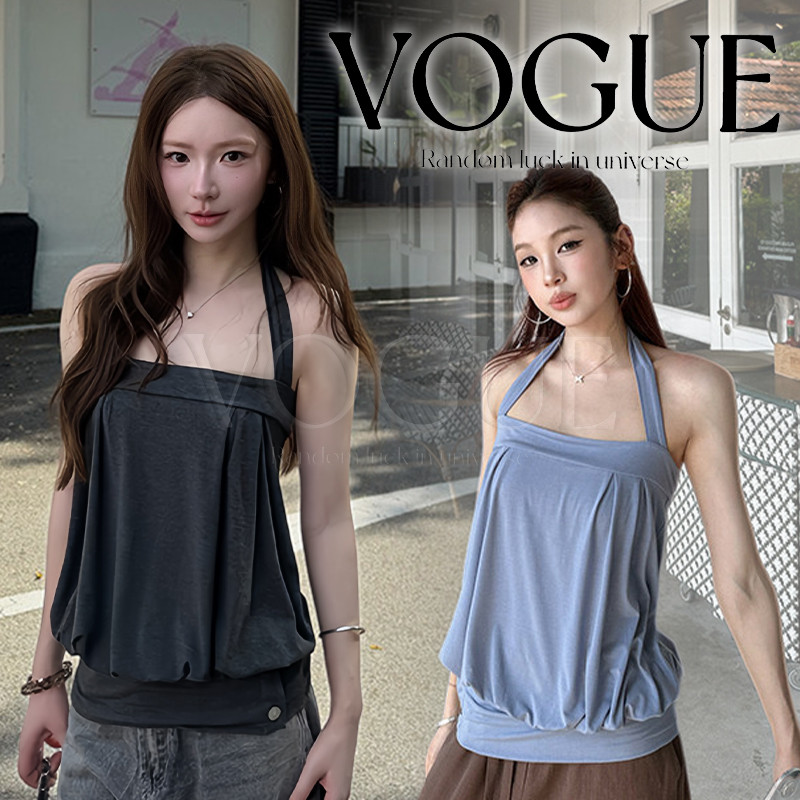 Vogue พร้อมส่ง เสื้อคล้องคอสำหรับผู้หญิงแบบมีจีบ สไตล์หวานและเซ็กซี่ ทรงหลวมช่วยให้หุ่นดีใส่สวย (A2453)