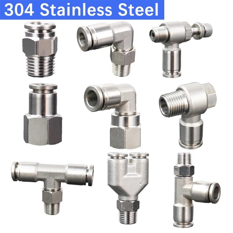 304 สแตนเลสท่อนิวเมติก Fitting PCF PL PLF PB Air Tube Connector 1/8 1/4 3/8 1/2 BSP Quick Release อุ