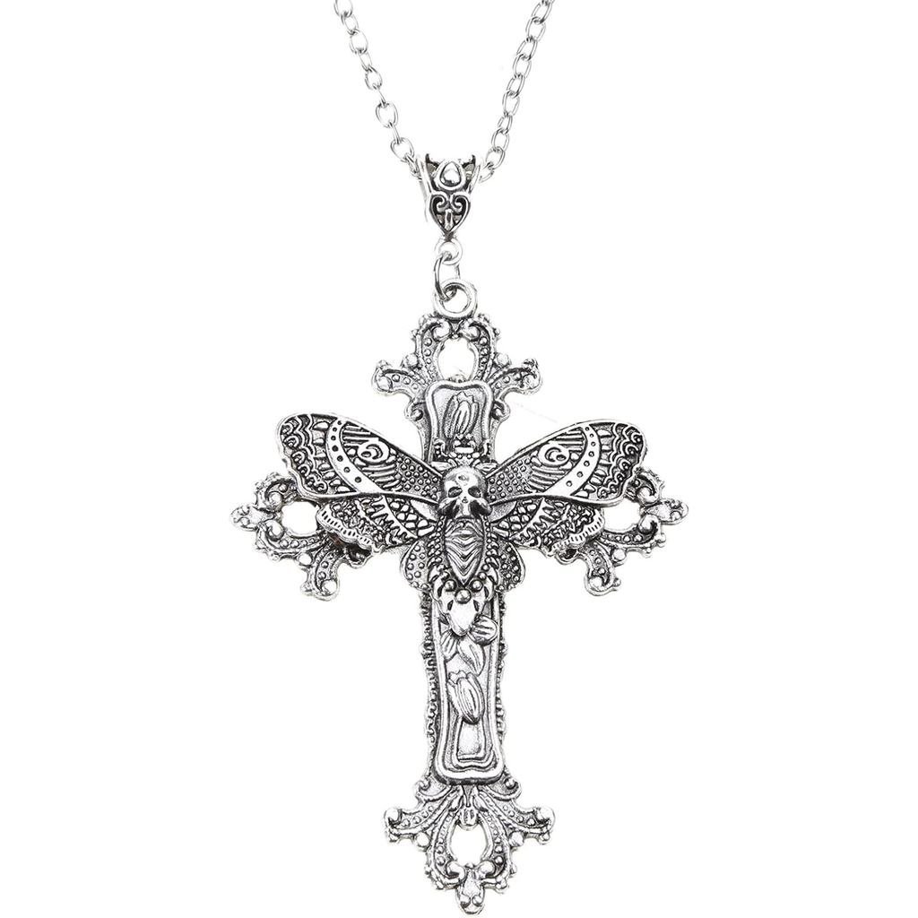 ขนาดใหญ่ Moth Cross สร้อยคอจี้ดอกไม้ Filigree Clavicle Chain Victorian Gothic สไตล์เครื่องประดับ Amu