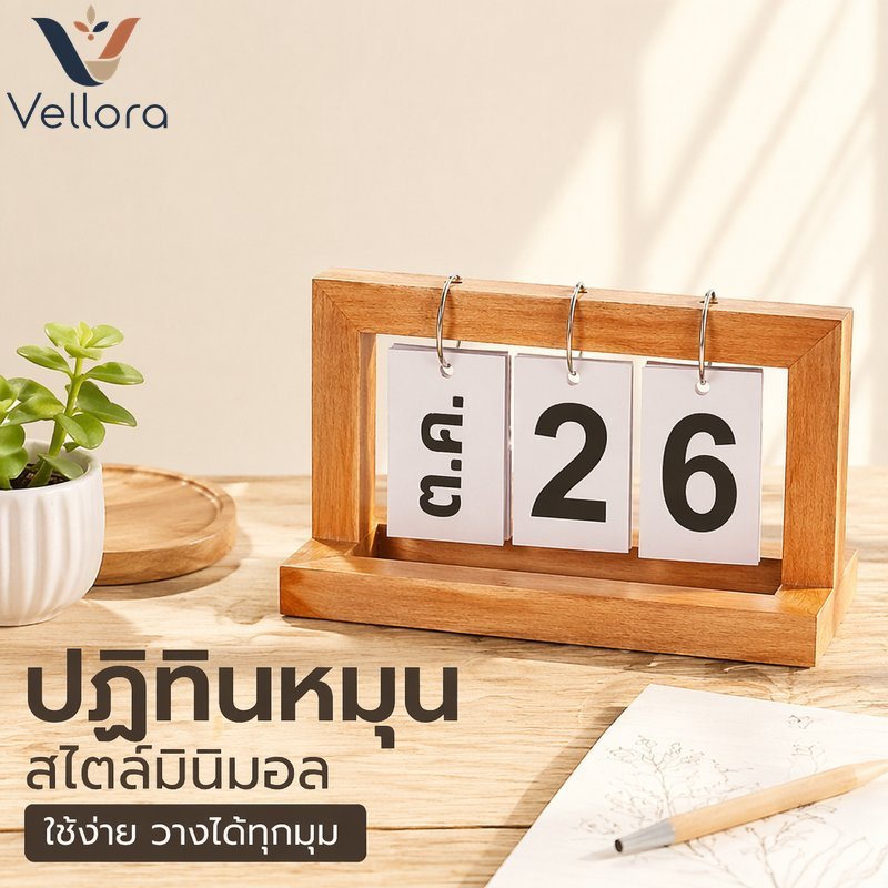 โต๊ะไม้ปฏิทินพลิกกระดาษวันที่แสดงมินิมอลตกแต่งบ้านโต๊ะชนบททนทาน
