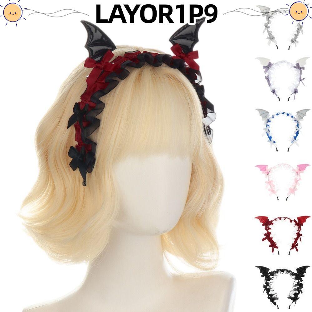 LAYOR1P9 ค้างคาวหูแถบคาดศีรษะ, Bowknot Design Ruffled สไตล์ลูกไม้แถบคาดศีรษะ, Y2k Dark Aesthetic ผม 