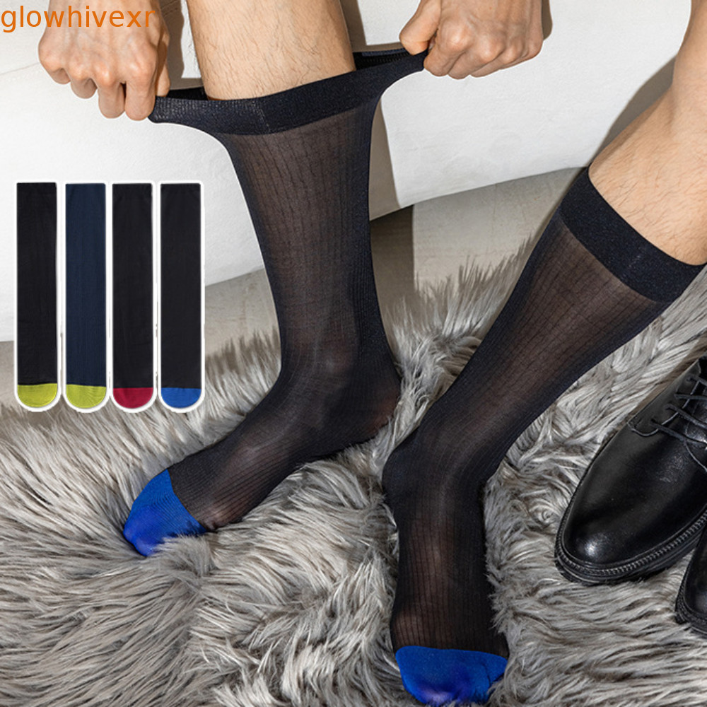 GLOWHIVE Men Thin Dress Tube Socks, Stripe Sheer Patchwork Business Stocking, สบายโปร่งแสงกลางลูกวัว