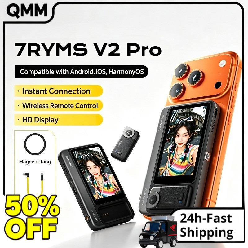 7RYMS Qshot V2 Pro พร้อมลําโพงระยะไกลไร้สาย Magnetic Selfie Monitor หน้าจอ 4K/60fps เอาต์พุตสําหรับส