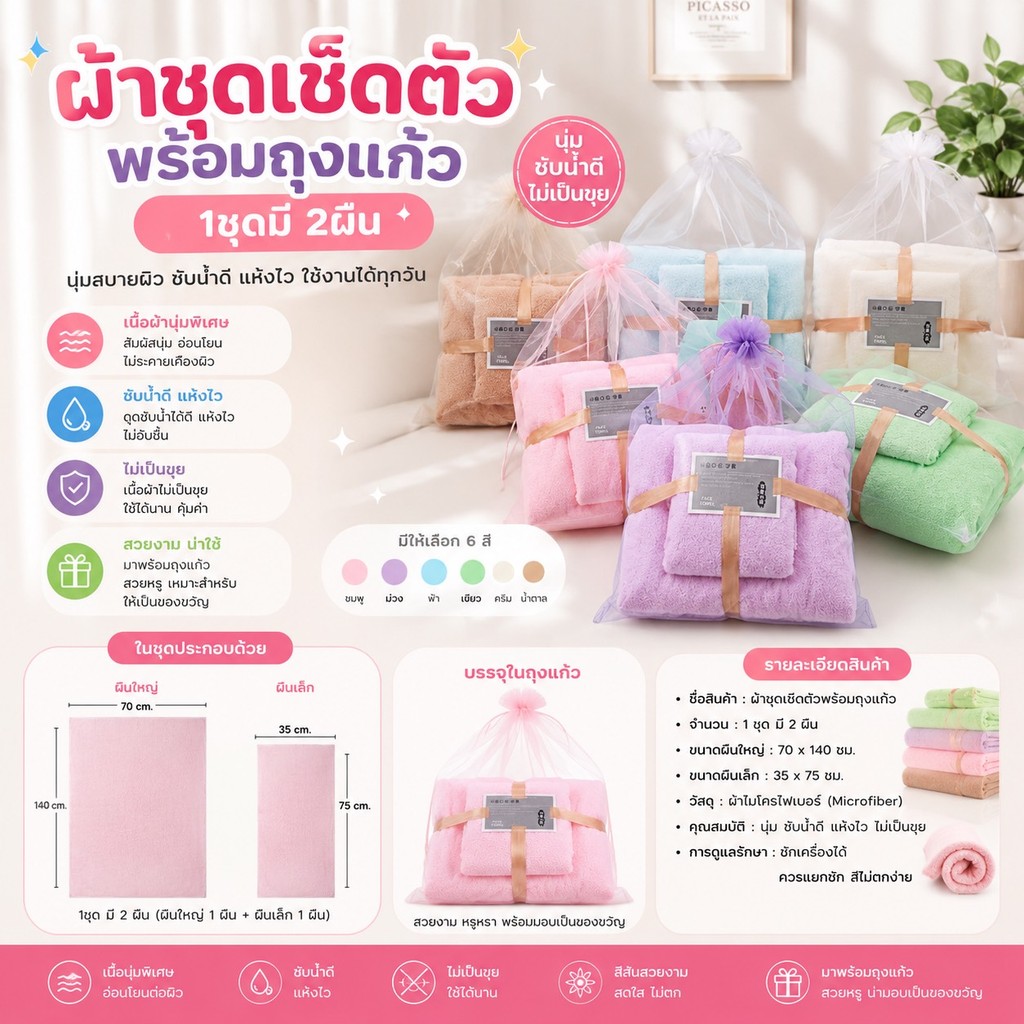 GTRmallshop XD9ผ้าหนาดี[ผ้าชุดเช็ดตัวขนเป็ด(70X140cm)ผ้าเช็ดผม(35x75CM)] พร้อมใส่ถุงแก้ว(ผ้าเช็ดตัวและชุดคลุมอาบน้ำ