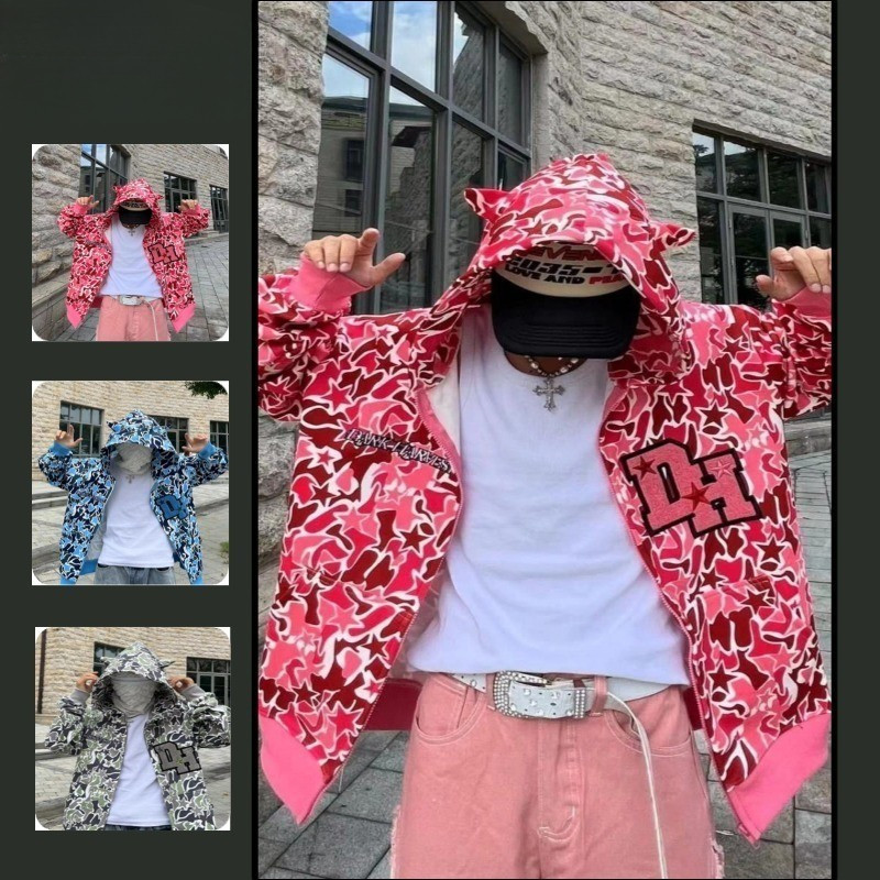 ผู้ชาย 3 สี Star Camo พิมพ์เต็ม Devil Horn Hooded Zip Up Jacket Chenille Letter Patch O