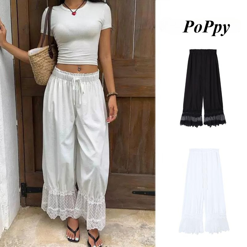 PoPpy กางเกงขายาวผู้หญิง ทรงหลวม เอวยางยืด สไตล์ลำลอง ขากว้าง ตกแต่งด้วยลูกไม้ที่ชายกางเกง มีหลายสีให้เลือก#99530