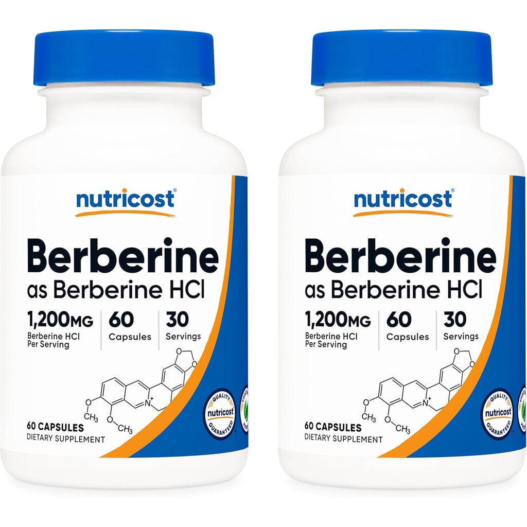 Nutricost Berberine HCl 600mg, 60 แคปซูล (2 ขวด) - ปราศจากกลูเตน, หมวกผัก, ไม่ใช่จีเอ็มโอ